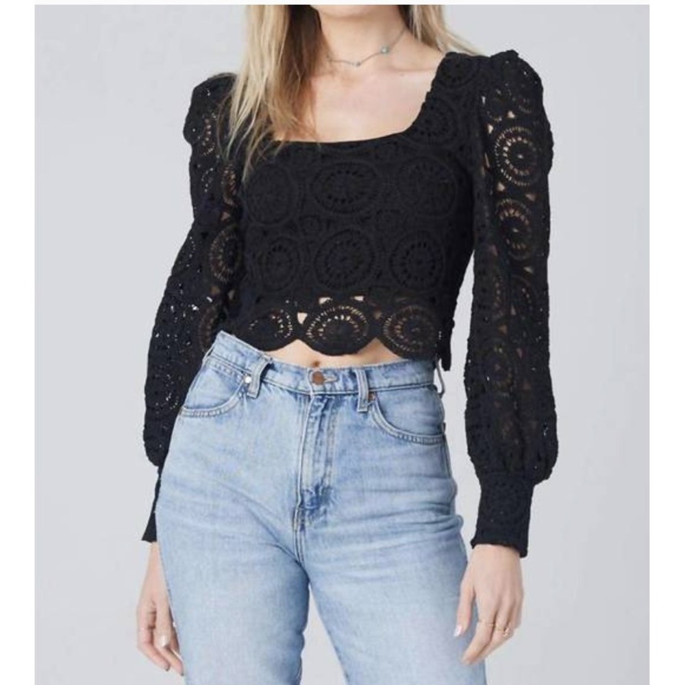 Saltwater Luxe Mesa Blouse Black Crochet Lace Crop Top Square Neck Medium